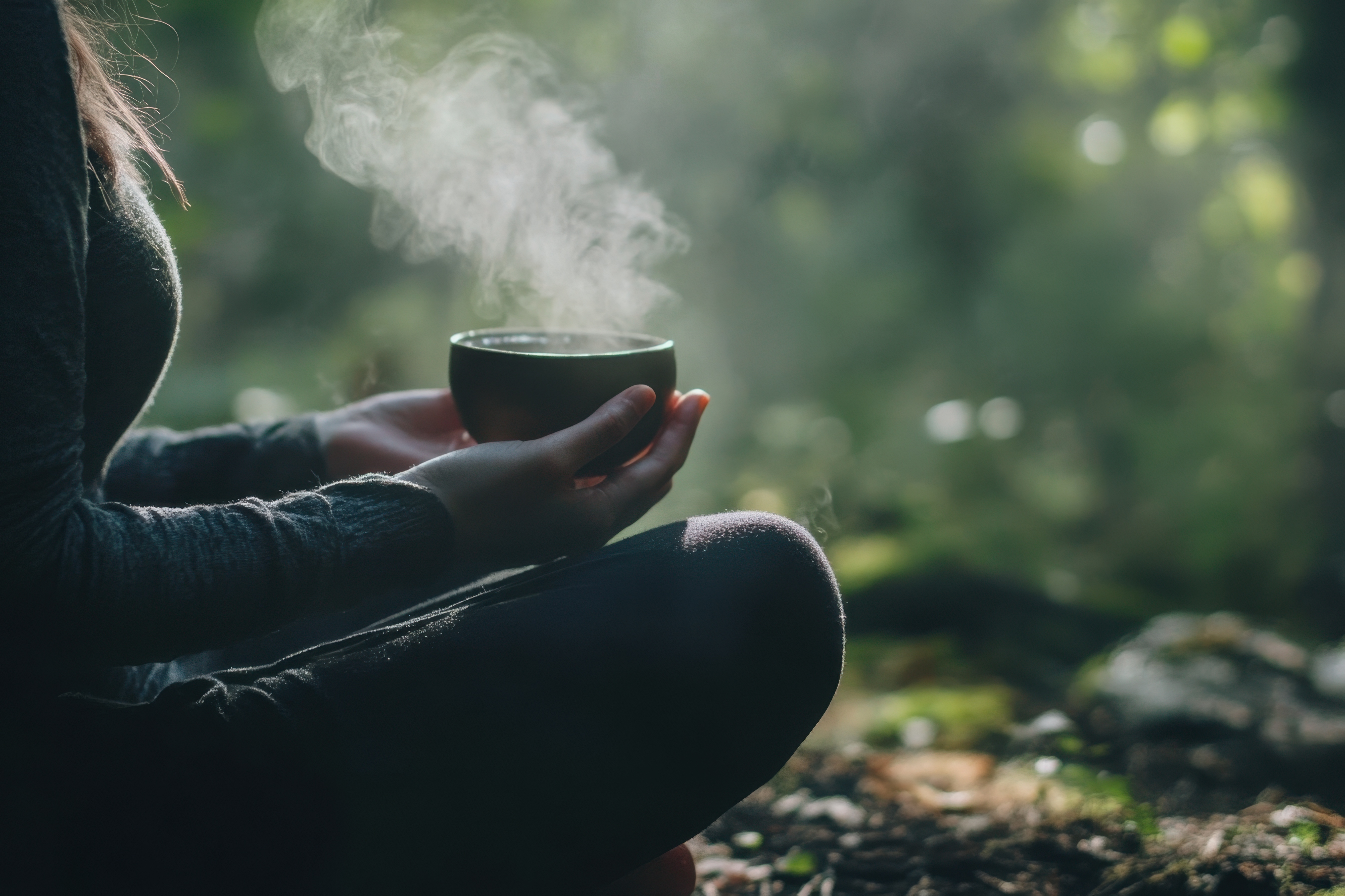 Dampfende Teetasse im Wald - Abendrituale